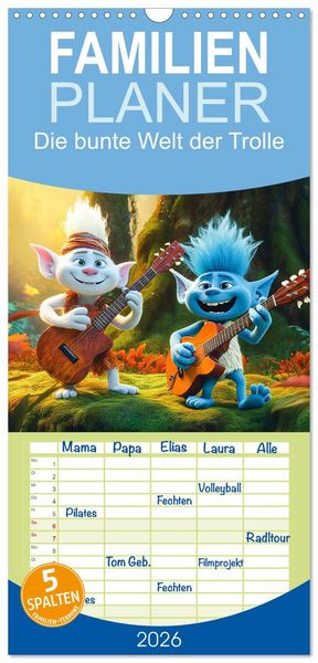 Produktbild: Familienplaner 2026 - Die bunte Welt der Trolle mit 5 Spalten (Wandkalender, 21 x 45 cm) CALVENDO