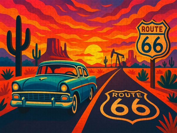 Produktbild: CALVENDO Puzzle Route 66: Der Mythos des amerikanischen Westens. Wo Tr&auml;ume rollen, Motoren singen und die Sonne den Asphalt vergoldet. | 1000 Teile Le