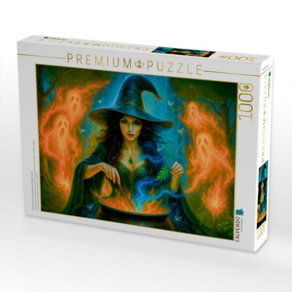 Produktbild: CALVENDO Puzzle Kr&auml;uterhexe mit Geistern am Zauberkessel | 1000 Teile Lege-Gr&ouml;&szlig;e 64x48cm Foto-Puzzle f&uuml;r gl&uuml;ckliche Stunden
