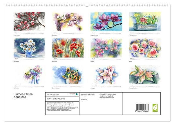 Produktbild: Blumen Bl&uuml;ten Aquarelle (hochwertiger Premium Wandkalender 2026 DIN A2 quer), Kunstdruck in Hochglanz