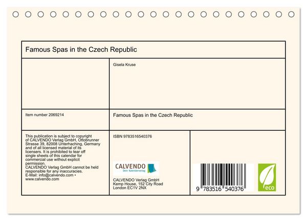 Produktbild: Famous Spas in the Czech Republic (Desk Calendar 2026 DIN A5 landscape), CALVENDO 12 Month DeskCalendar