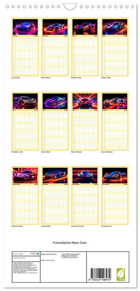 Produktbild: Familienplaner 2026 - Futuristische Neon Cars mit 5 Spalten (Wandkalender, 21 x 45 cm) CALVENDO