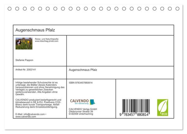 Produktbild: Augenschmaus Pfalz (Tischkalender 2026 DIN A5 quer), CALVENDO Monatskalender
