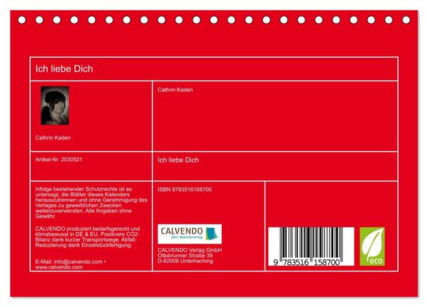Produktbild: Ich liebe Dich (Tischkalender 2026 DIN A5 quer), CALVENDO Monatskalender