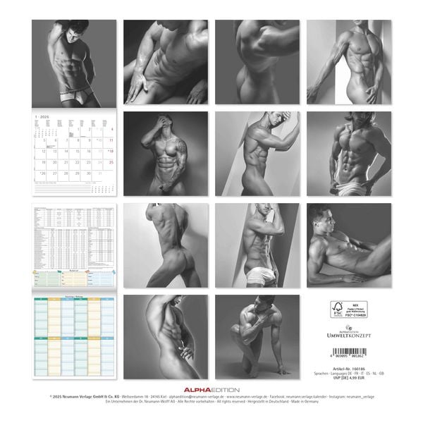 Produktbild: Masculine 2026 - Broschürenkalender 30x30 cm (30x60 geöffnet) - Kalender mit Platz für Notizen - Maskulin - Bildkalender - Wandplaner - Erotikkalender