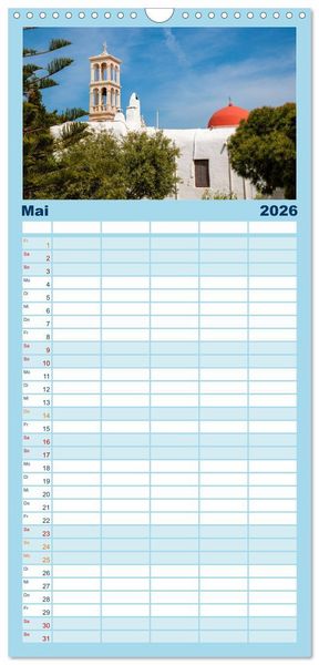 Produktbild: Familienplaner 2026 - Mykonos - Natur, Meer und wei&szlig;e W&auml;nde mit 5 Spalten (Wandkalender, 21 x 45 cm) CALVENDO