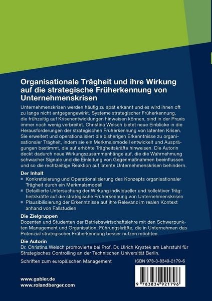 Produktbild: Organisationale Tr&auml;gheit und ihre Wirkung auf die strategische Fr&uuml;herkennung von Unternehmenskrisen