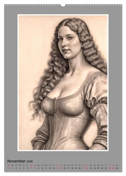 Produktbild: Baroque Beauties, Pencil Art with Artificial Intelligence (High Quality Premium Wall Calendar 2026 DIN A2 portrait),CALVENDO 12 Month Wall Calendar