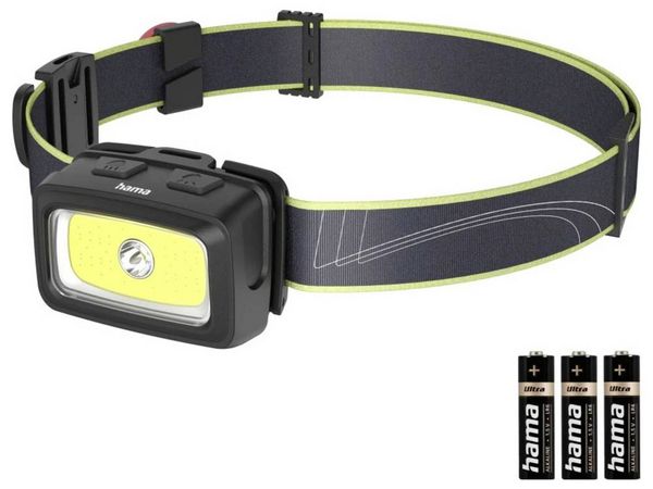 Produktbild: Hama LED-Stirnlampe "HL350", Batterien, COB, Kopflampe, Warnlicht, Pfeife,7 Modi 00228616 Stirnlampe 95 g
