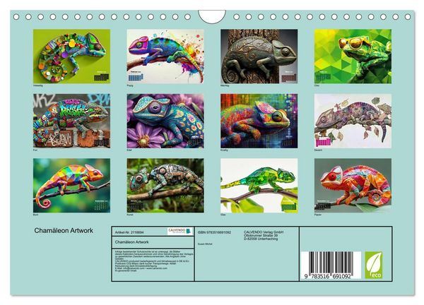 Produktbild: Cham&auml;leon Artwork (Wandkalender 2026 DIN A4 quer), CALVENDO Monatskalender