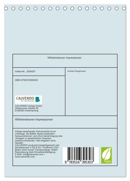 Produktbild: Wilhelmshaven Impressionen (Tischkalender 2026 DIN A5 hoch), CALVENDO Monatskalender