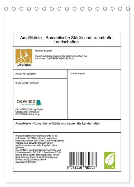 Produktbild: Amalfik&uuml;ste - Romantische St&auml;dte und traumhafte Landschaften (Tischkalender 2027 DIN A5 hoch), CALVENDO Monatskalender