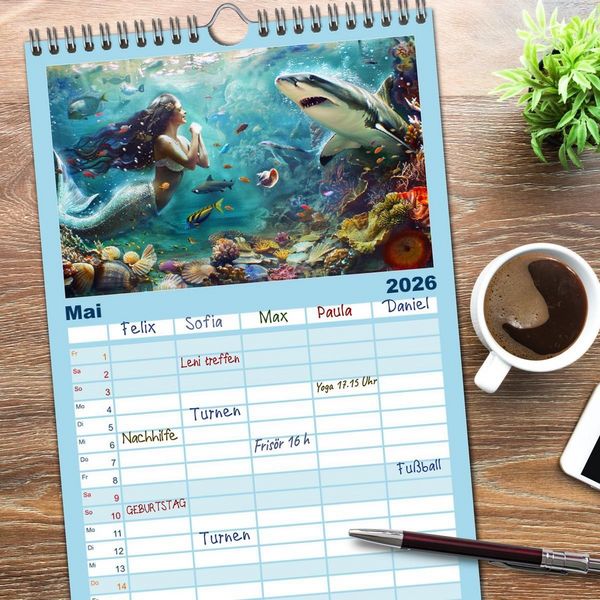 Produktbild: Familienplaner 2026 - Meerjungfrauen. Zauberhafte Nixen-Paintings mit 5 Spalten (Wandkalender, 21 x 45 cm) CALVENDO