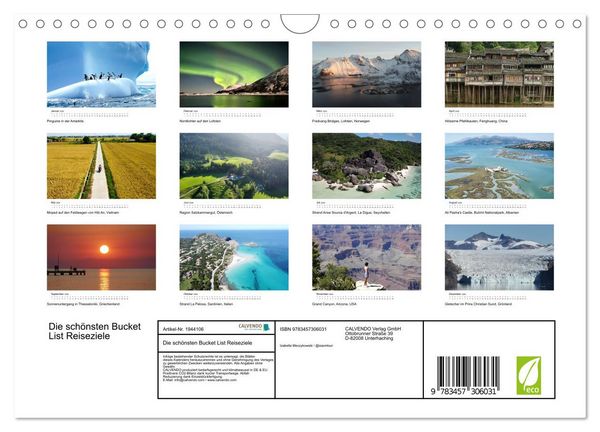 Produktbild: Die sch&ouml;nsten Bucket List Reiseziele (Wandkalender 2026 DIN A4 quer), CALVENDO Monatskalender