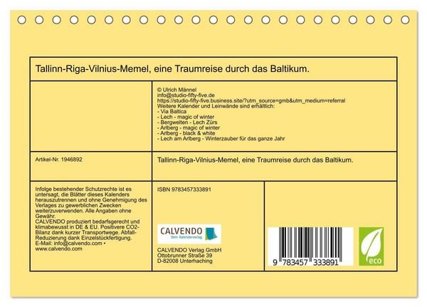 Produktbild: Tallinn-Riga-Vilnius-Memel, eine Traumreise durch das Baltikum. (Tischkalender 2026 DIN A5 quer), CALVENDO Monatskalender