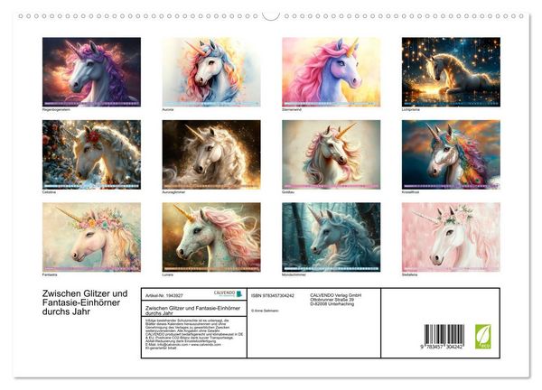 Produktbild: Zwischen Glitzer und Fantasie-Einh&ouml;rner durchs Jahr (hochwertiger Premium Wandkalender 2026 DIN A2 quer), Kunstdruck in Hochglanz