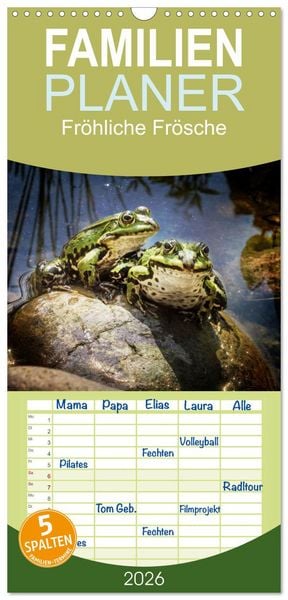 Familienplaner 2026 - Fröhliche Frösche mit 5 Spalten (Wandkalender, 21 x 45 cm) CALVENDO