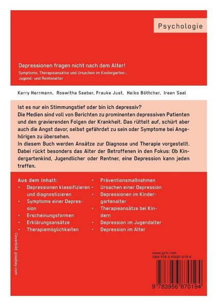 Produktbild: Depressionen fragen nicht nach dem Alter! Symptome, Therapieans&auml;tze und Ursachen im Kindergarten-, Jugend- und Rentenalter