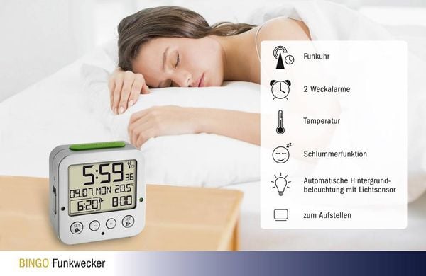 Produktbild: TFA Dostmann 60.2528.54 Funk Wecker Silber Alarmzeiten 2