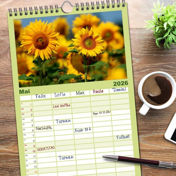 Produktbild: Familienplaner 2026 - Sonnenblumen mit 5 Spalten (Wandkalender, 21 x 45 cm) CALVENDO