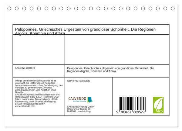 Produktbild: Peloponnes, Griechisches Urgestein von grandioser Sch&ouml;nheit. Die Regionen Argolis, Korinthia und Attika (Tischkalender 2026 DIN A5 quer), CALVENDO Monatskalender