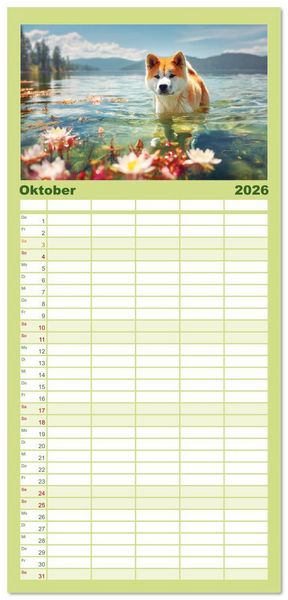 Produktbild: Familienplaner 2026 - Akita Inu in der Natur. Japans edle und sanfte Sch&ouml;nheit mit 5 Spalten (Wandkalender, 21 x 45 cm) CALVENDO