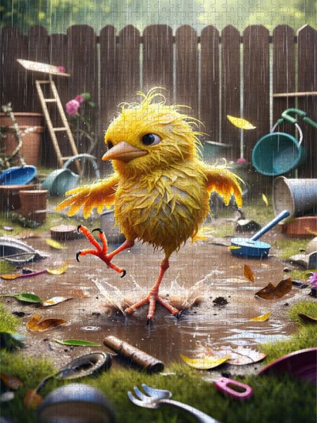 CALVENDO Puzzle Regentanz des Missgeschicks: Ein gelber Vogel trotzt dem Unwetter | 1000 Teile Lege-Größe 64x48cm Foto-Puzzle für glückliche Stunden
