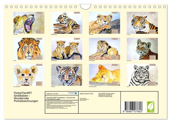 Produktbild: PortraiTierART Gro&szlig;katzen - Wundervolle Portraitzeichnungen (Wandkalender 2026 DIN A4 quer), CALVENDO Monatskalender
