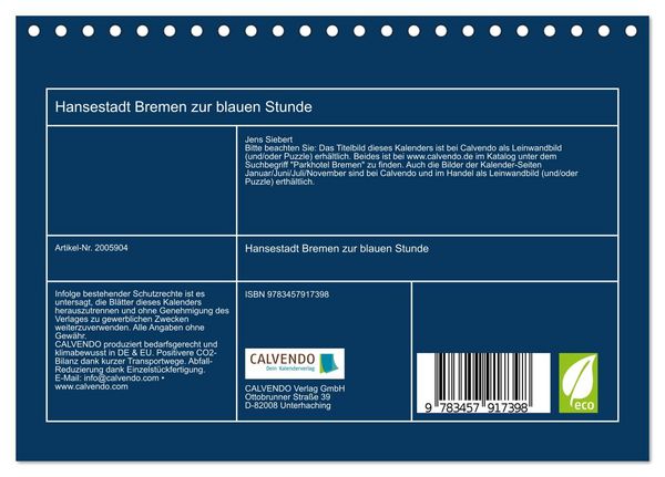 Produktbild: Hansestadt Bremen zur blauen Stunde (Tischkalender 2026 DIN A5 quer), CALVENDO Monatskalender