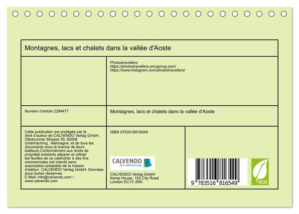 Produktbild: Montagnes, lacs et chalets dans la vall&eacute;e d'Aoste (Calendrier de bureau 2027 DIN A5 vertical), CALVENDO calendrier mensuel