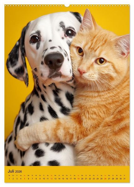 Produktbild: Freundschaftskalender - Katzen und Hunde, beste Freunde in Umarmung (Wandkalender 2026 DIN A2 hoch), CALVENDO Monatskalender