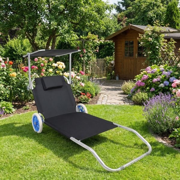 Produktbild: Sonnenliege Liegestuhl Gartenliege Rollen Dach