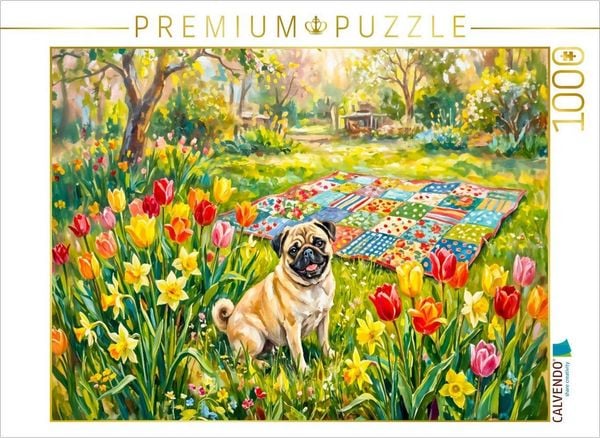 CALVENDO Puzzle Mops im blühenden Frühlingsgarten auf Patchworkdecke Puzzle | 1000 Teile Lege-Größe 64x48cm Foto-Puzzle für glückliche Stunden