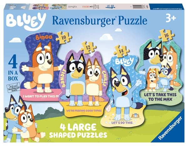 Ravensburger Kinderpuzzle 03132 - Bluey: Auf geht's! - 4 konturgeformte Puzzles mit 10, 12, 14 und 16 großen, stabilen Puzzleteilen, für kleine