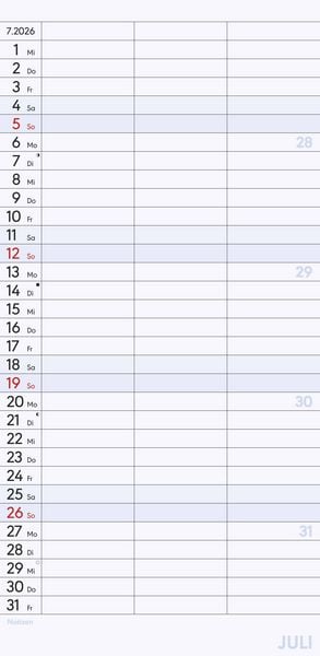 Planer für zwei 2026 mit 3 Spalten - Familien-Timer 22x45 cm - Offset-Papier - mit Ferienterminen - Wand-Planer - Familienkalender - Alpha Edition