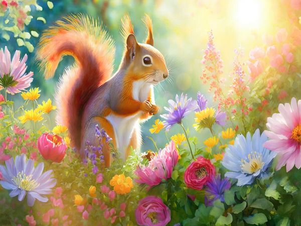 Produktbild: CALVENDO Puzzle Lebensfreude in einem Meer von Blumen: Das muntere Eichh&ouml;rnchen im Garten | 1000 Teile Lege-Gr&ouml;&szlig;e 64x48cm Foto-Puzzle f&uuml;r gl&uuml;ckliche S