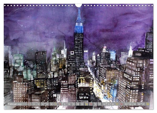 Produktbild: New York Watercolor Citylights (Wandkalender 2026 DIN A3 quer), CALVENDO Monatskalender