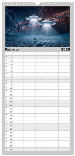 Produktbild: Familienplaner 2026 - Fliegende Untertasse - Die gro&szlig;e Fantasiereise mit 5 Spalten (Wandkalender, 21 x 45 cm) CALVENDO