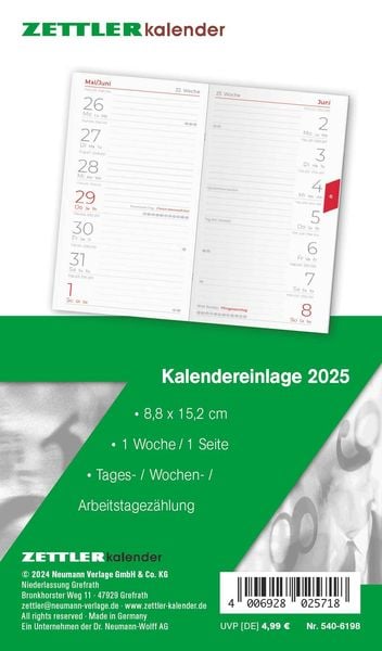 Zettler - Kalender-Ersatzeinlage 2025, 8,8x15,2cm, Ersatzeinlage für Taschenplaner Typ 540, in Folienverpackung, 1 Monat