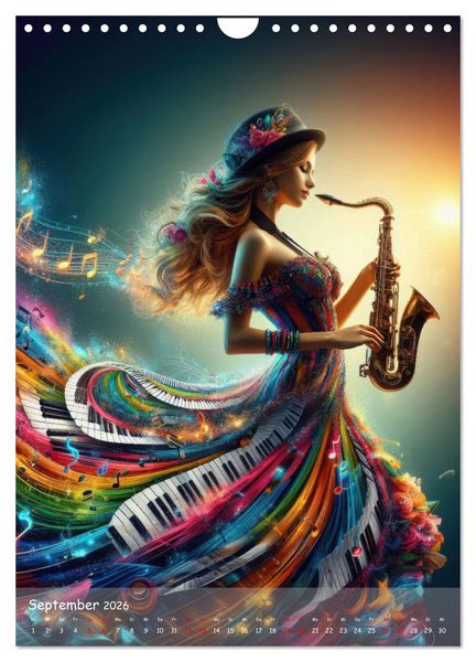 Produktbild: Musikalische Magie &ndash; Frauen in klangvollen Kleidern aus Noten und Farbe (Wandkalender 2026 DIN A4 hoch), CALVENDO Monatskalender