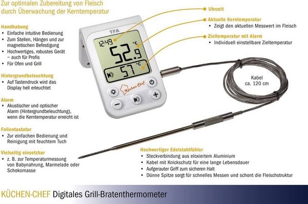 Produktbild: TFA Dostmann 14.1510.02 Grill-Thermometer &Uuml;berwachung der Kerntemperatur, Kabelsensor Braten, Grillgut, Niedergaren
