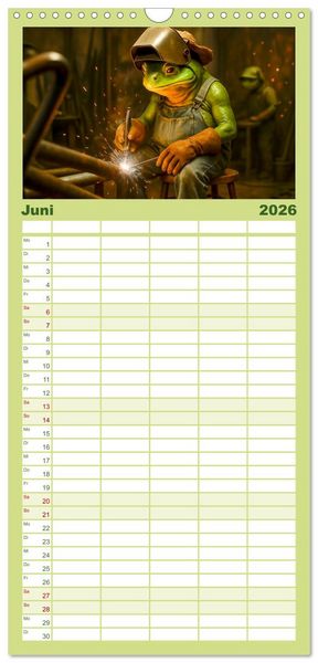 Produktbild: Familienplaner 2026 - Frosch bei der Arbeit- Dienst nach Vorschrift mit 5 Spalten (Wandkalender, 21 x 45 cm) CALVENDO