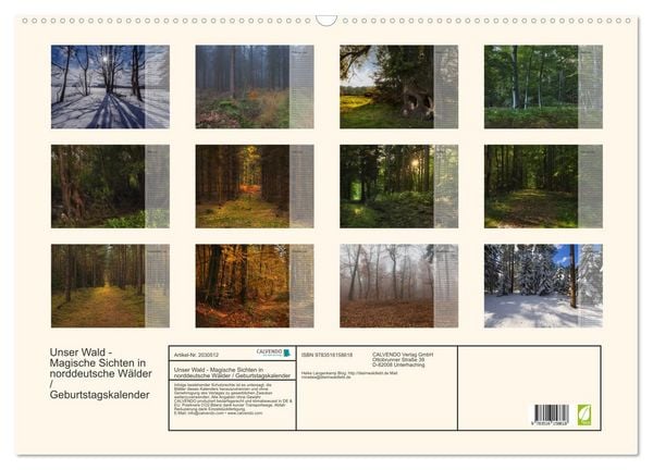 Produktbild: Unser Wald - Magische Sichten in norddeutsche W&auml;lder / Geburtstagskalender (Wandkalender 2026 DIN A2 quer), CALVENDO Monatskalender