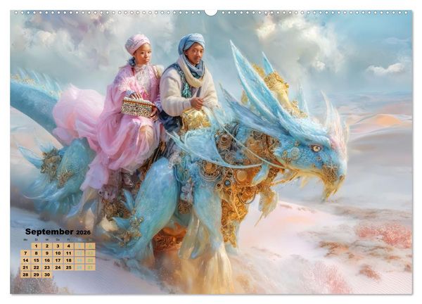 Produktbild: Ritte auf Fantasiekreaturen - Durch W&uuml;stenlandschaft (Wandkalender 2026 DIN A2 quer), CALVENDO Monatskalender