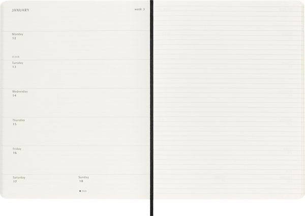Moleskine 18 Monate Wochenkalender 2025/2026, XL, 1 Wo = 1 Seite, Rechts Linierte Seite, Weicher Einband, Schwarz