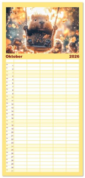 Produktbild: Familienplaner 2026 - Capybara Zeit mit 5 Spalten (Wandkalender, 21 x 45 cm) CALVENDO