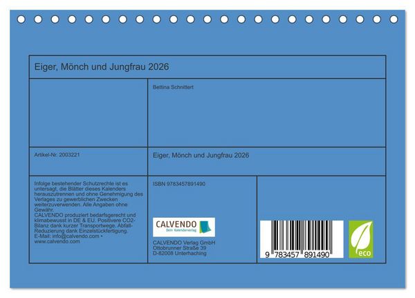 Produktbild: Eiger, M&ouml;nch und Jungfrau 2026 (Tischkalender 2026 DIN A5 quer), CALVENDO Monatskalender
