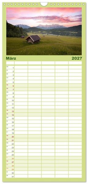 Produktbild: Familienplaner 2027 - Verzauberte Bergwelten mit 5 Spalten (Wandkalender, 21 x 45 cm) CALVENDO