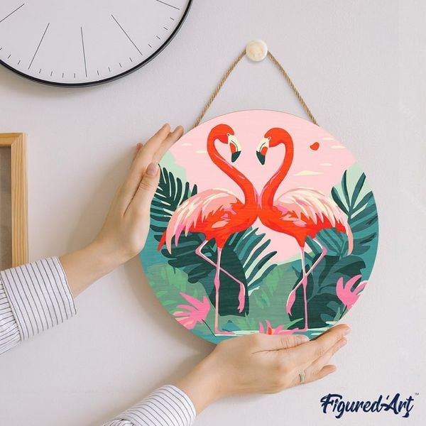 Produktbild: FiguredArt RFA026 - Malen nach Zahlen, Tropische Flamingos, Holzscheibe (30cm), Malset, Paint by Numbers