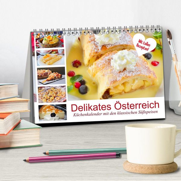 Produktbild: Delikates &Ouml;sterreich. K&uuml;chenkalender mit den klassischen S&uuml;&szlig;speisen (Tischkalender 2026 DIN A5 quer), CALVENDO Monatskalender